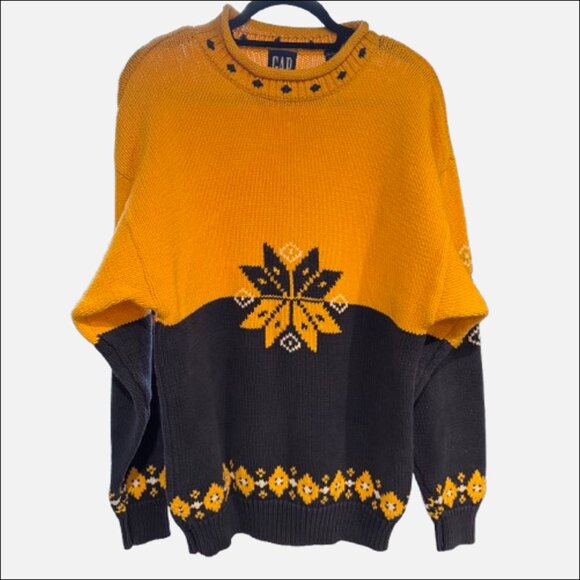 GAP Snowflake Yellow Navy Blue Sweater (US L) VTG - Picture 1 of 7